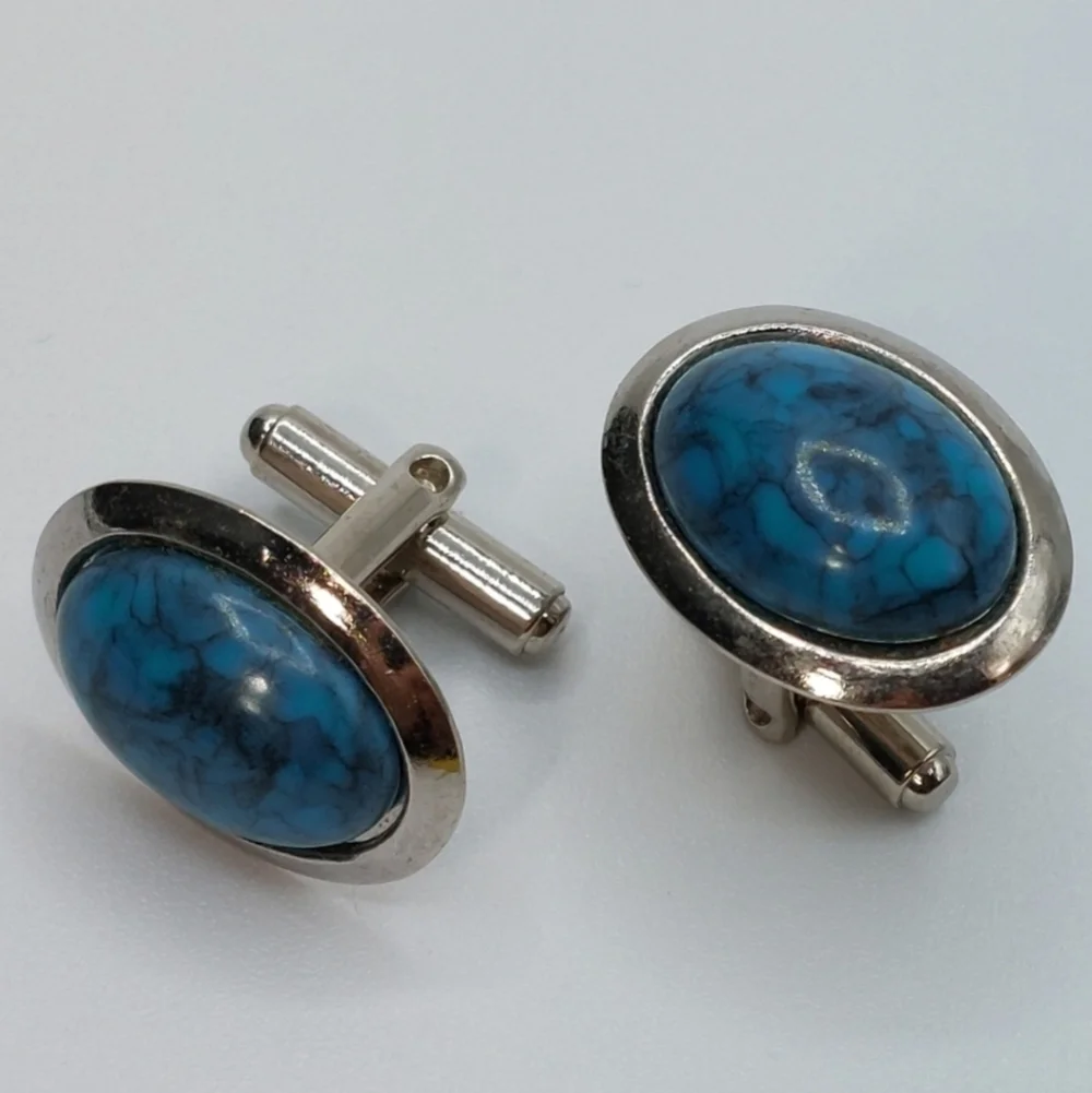Faux Turquoise Silver Tone Cufflinks